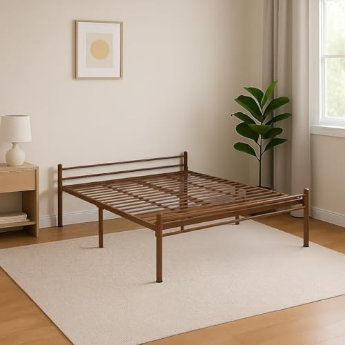 Image of Nivo Metal Queen Size Bed Without Storage | Sturdy Powder Coated Platform Bed Queen Size Cot for Bedroom Living Room|BrownWrought Iron Double Bed with Headboard & Footboard (75x60)