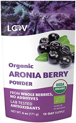 LOOV Organic Aronia Berry Powder, Not Made from Concentrate, Freeze Dried and Powdered Organic European Aronia Berries (Chokeberries), 15-Day Supply, 171 g, Raw, No Added Sugar