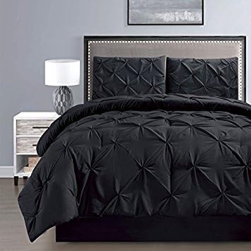 Grand Linen 4 Pieces Double-Needle Stitch Soft Down Alternative Pinch Pleat Solid Black Comforter Set Queen Size Bedding - Plush Siliconized Fiberfill