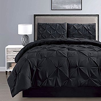 Grand Linen 4 Pieces Double-Needle Stitch Soft Down Alternative Pinch Pleat Solid Black Comforter Set Queen Size Bedding - Plush Siliconized Fiberfill #TOP17