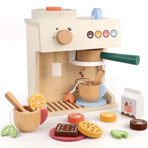 PairPear Kids Coffee Maker Wooden Kitchen Toys, Large Size Espresso Coffee Maker Toy 18 Piece Barista Role Play Set with Pods, Montessori Pretend Kitchen Accessory Gift for Toddlers & Kids Ages 3+