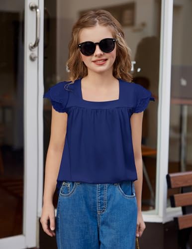 Image of Arshiner Girls Shirts Short Sleeve Square Neck Summer Lace Openwork Pleated Tops Blouse Tunic