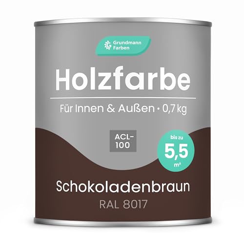 Grundmann Holzfarbe ACL 100 - Holzlack 0,7 Kg Braun - 4in1 inkl. Grundierung - Seidenmatt - Wetterfest für Innen & Außen - RAL 8017 Schokobraun/Dunkelbraun