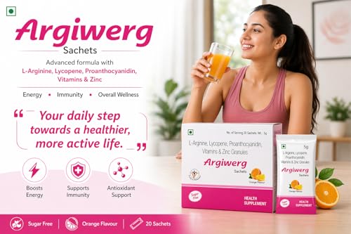 Image of Argiwerg L-Arginine, Lycopene, Proanthocyanidin, Vitamins & Zinc Granules Sachets | Nutritional Supplement for Energy, Stamina & Wellness Support | Orange Flavour | 20 Sachets