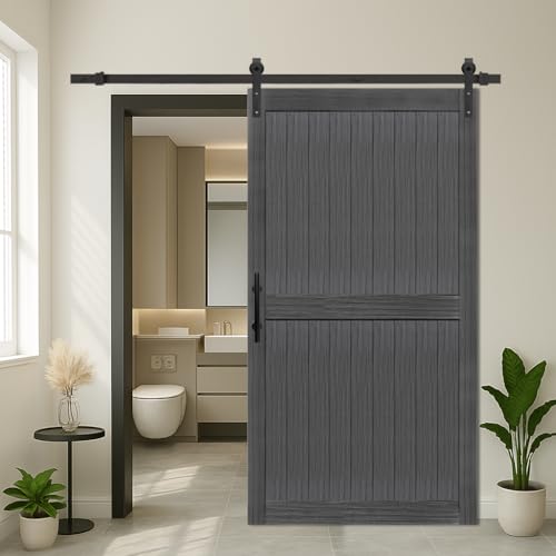S&Z TOPHAND® 44in x 84in MDF Deep Gray Barn Door with 8FT Sliding Door Hardware Kit, 24-60in Solid Barn Door Slab Covered with Water-Proof PVC Surface, Simple Assembly is Required
