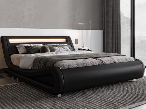Allewie Queen Size Led Platform Bed Frame With Adjustable Headboard/No Box Spring Need/Easy Assembly/Faux Leather In Black #TOP2