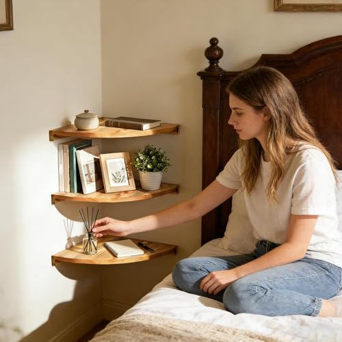Étagère d'angle flottante en bois pour libérer les comptoirs encombrés