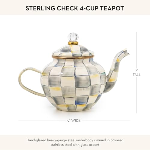 MACKENZIE-CHILDS 4-Cup Enamel Teapot, Cute Small Teapot with Lid, Gray-and-White Sterling Check - Thumbnail 4