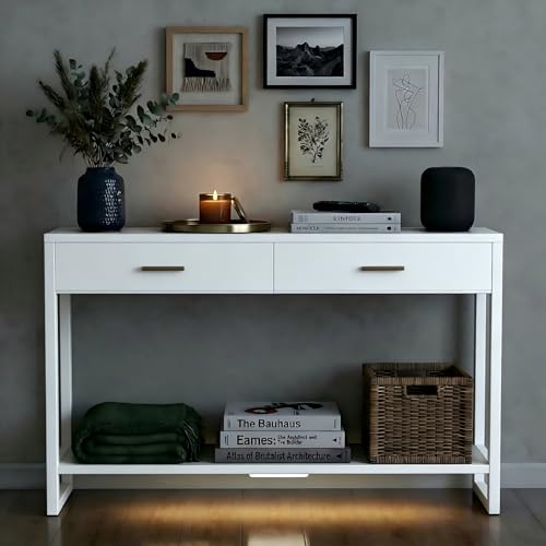 Image of Slim Entryway Console Table with Foot-Sensor Light - 2 Deep Drawers & Open Center Shelf, Reinforced Legs & Comfortable Metal Handles, Multi-Scene Use for Hallway /Living Room /Small Apartment