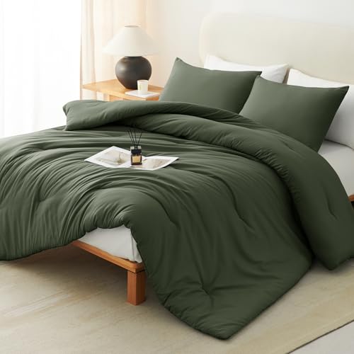 CozyLux King Comforter Set, 3 Pieces Down Alternative Bedding, Dark Green