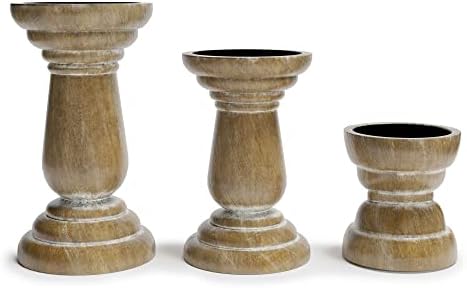 Barnyard Designs Rustic Pillar Candle Holder Stands, Tall Wood Candlestick Centerpieces for Table or Living Room Decor, Brown, Set of 3, (10cm, 15cm, 20.5cm Tall)