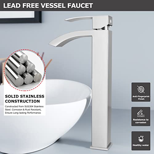 Ezanda Single Handle Vessel Sink Faucet Waterfall Tall Bathroom Bowl Basin Mixer Tap One Hole With Water Supply Line, Brushed Nickel #TOP2
