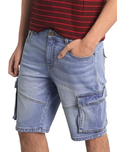 Enorsia Pantalones cortos de mezclilla azul para hombre, pantalones cortos de mezclilla elásticos vintage con múltiples bolsillos, botón y cremallera, trabillas para cinturón, ropa de trabajo casual