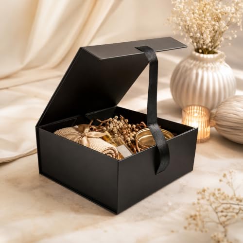 Image of Kura by Ekhasa Foldable Large Multipurpose Gift Hamper Box (21.5 x 21 x 9.5 cm) with Magnetic Closure & Ribbon | Black Rigid Cardboard Empty Reusable Packing Box | Birthday, Wedding & Festive Gifting