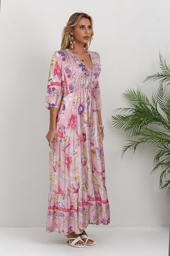 Image of Women Short Sleeve V Neck Floral Print Casual Bohemian Maxi Dresses