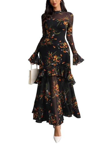 GothDark Womens Long Sleeve Bodycon Dress Black Sheer Mesh Round Neck Gothic Evening Gown Maxi Winter Wedding Guest Dresses
