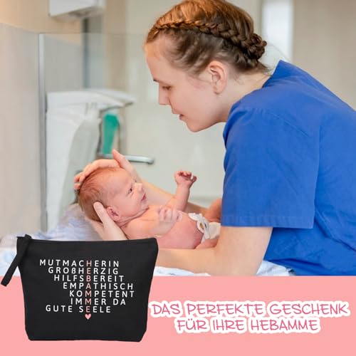 MEJOSER Hebamme Geschenk Kosmetiktasche Klein Dankeschön Geschenke Schwarz Kulturtasche Schminktasche Kulturbeutel Hebamme mit Herz Make Up Tasche Doppelseitig