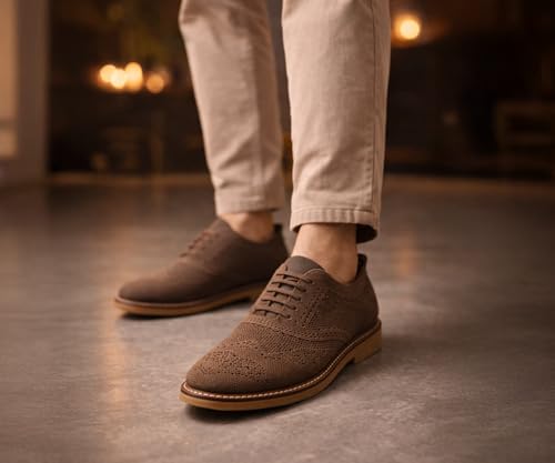 Image of Kraasa Men's Casual Sneaker Lace-Up Oxford Shoes | Breathable Knit Upper | Lightweight & Comfortable | Stylish Brown Sole | Office