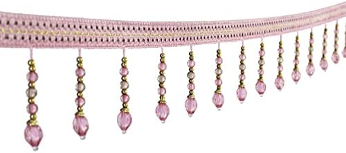 Yalulu 4 Yards Braided Hanging Beads Tassel Trim Fringe Fabric Ribbon Trimming Handwork DIY Craft Sewing Accessory Lace for Home Curtain Table Decoration (Pink)