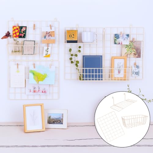 Image of Steel Photo Collage Grid Frame, Basket & Tray| Photo frame grid DIY Mesh Wire Frame | Basket | Tray for Wall Decor, Home Living Room & office (01-Grid, 01-Basket, 01-Tray) | White