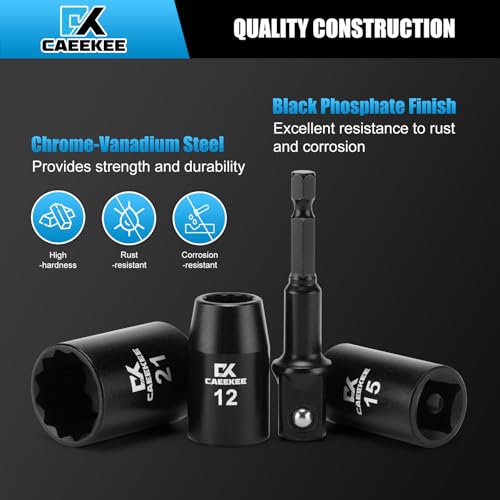 Image of 15PCS 1 /2 inch Drive Shallow 12-Point Impact Socket Set, Metric(11mm - 32mm), Cr-V Steel, Includes Drill Socket Adapter