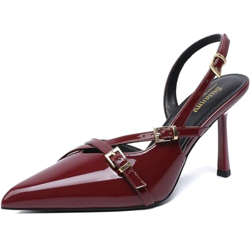 Susanny Burgundy Patent Slingback Heels for Women Closed Pointed Toe