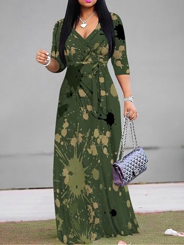 Image of SUZONANA Plus Size Dresses for Women Print Maxi Dresses Flowy 3 /4 Sleeve with Belt