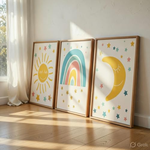 Image of Livin'luxe Kids Nursery Wall Painting Set of 3 with Wooden Frames | Sun Rainbow Moon Kids Room Wall Art | HD Sparkle Printed MDF Cartoon Wall Decor for Baby Room, Nursery, Playroom & Bedroom