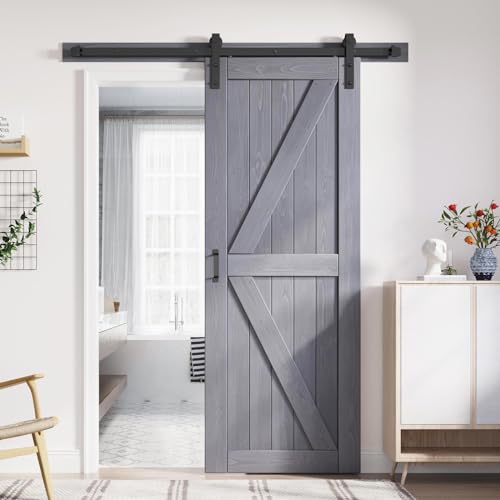 FREDBECK 32in x 84in Gray Wood Barn Door Slab with 5.5ft (66inch) Barn Door Hardware Track Kit Included, Double Surfaces,Simple Assembly is Required,K-Frame,Grey