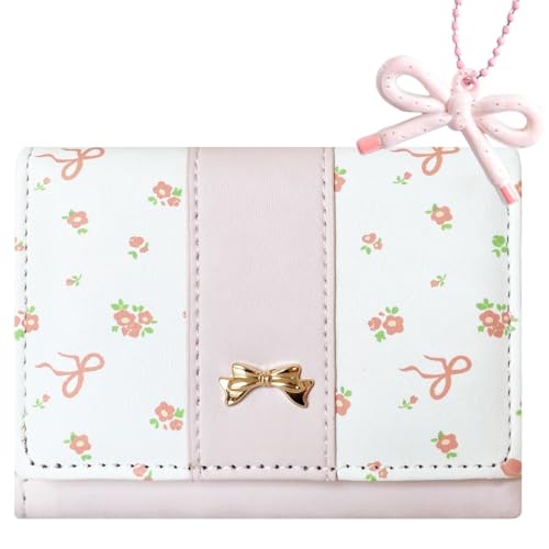 Gleease Girls Wallet Cute Bow Coquette Floral Small Kawaii for Women Aesthetic ID Window for Ladies (Pink)