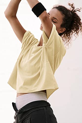 Image of HUGOOME Womens Oversized Workout Crop Top Casual Short Sleeve Boxy Roll Hem