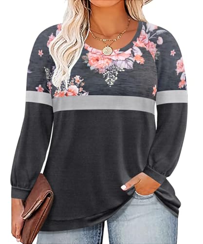 Image of TIYOMI Plus Size Tops for Women Raglan Long Sleeve V Neck T Shirts Casual Color Block Leopard /Floral Tops Winter Tee Shirt