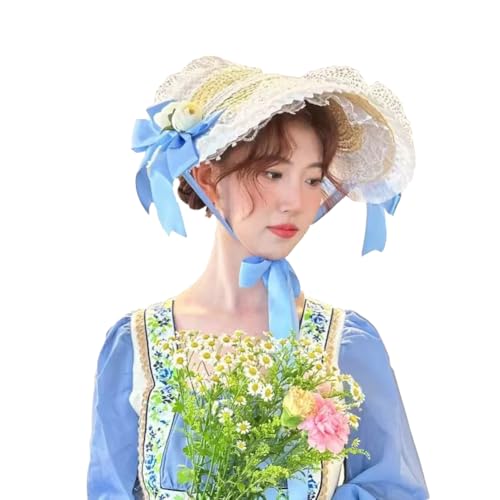 Victorian Womens Tea Party Sun Hat Lolita Bows Florals Flat Straw Hats Womens Wide Brim Sun Hat with Wind Lanyard Light Blue
