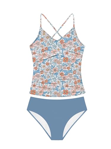 Girls Swimsuit Tankini Criss Cross Ruched 2 Piece Bathing Suit Printed Girl Swimwear for Teens 9-16Y