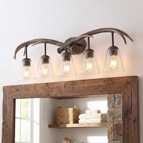 Image of JONATHAN Y 37.75 inch Brown Wood Finish 5-Light Resin Antlers Vanity Light Wall Sconce Rustic Farmhouse for Living Room Bathroom with Clear Seeded Glass Shades LED Bulbs Included JYL6316A