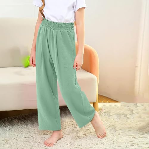 Girls Pants Casual High Elastic Smocked Waist Flowy Cute Long Trousers Loose Fit Wide Leg Pants 4-14 Years4