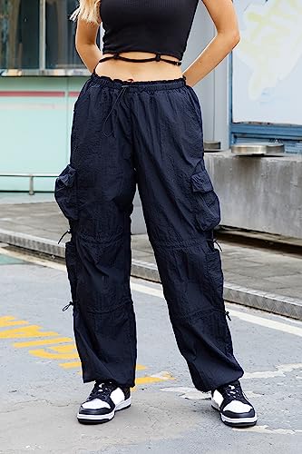 Qyangg Baggy Parachute Pants For Women Drawstring Elastic Low Waist Ruched Cargo Pants Multiple Pockets Jogger Y2K Pants Black #TOP2