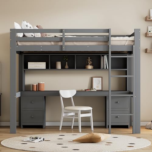 YanguVibes Cama alta, 90 × 200 cm, cama superior con las medidas, cama inferior con mesa, varios cajones, amplio espacio de almacenamiento, barandilla alta y escalera estable (gris)