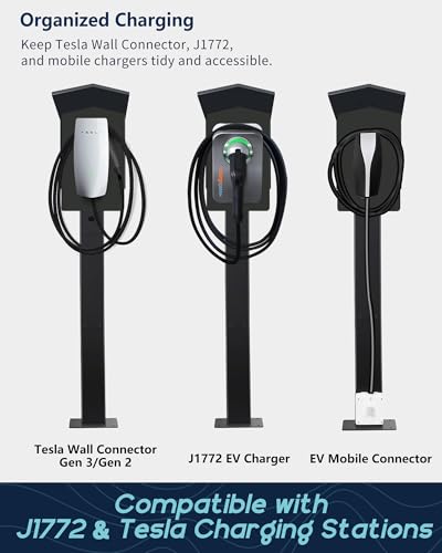 Image of Outdoor EV Charger Pedestal for Tesla & J1772 Charger with Roof | Heavy-Duty Rugged Stand, Anti-wobble Stable Base, Anti-Rust Finish, Handy Organizer Keeps Cable Tidy, Rain & Leaf Protection
