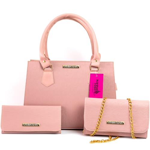 Bolsa Feminina Pasta + Bolsinha + Carteira Feminina (Rosa)
