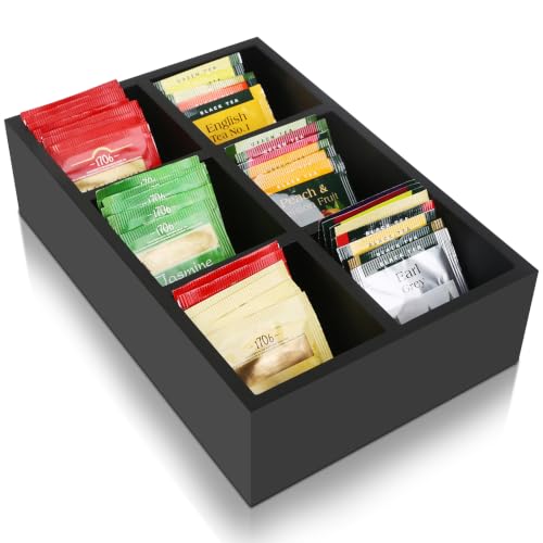 Tea Bag Box Wooden Black, 6 Compartments Wood Tea Bag Drawer Storage Organizer, Large Capacity Tea Holder for Coffee Station, Sugar Packet, Sweeteners, Beverage Supplies