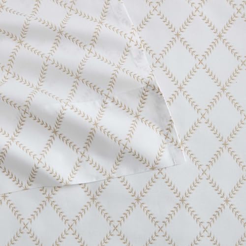 Image of Martha Stewart - Full Size Sheet Set, Crisp & Tailored Sheets with a Smooth Cotton Percale Feel - Striped Bed Sheets with Matching Pillowcases & Fitted Sheet (Leaf Trellis Beige)