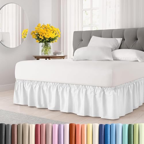 Image of Bed Skirt - Wrap Around Dust Ruffle Bed Frame Cover with Easy Fit Elastic Strap, Queen Size 15 Inch Drop, Microfiber Pleated, Machine Washable | White