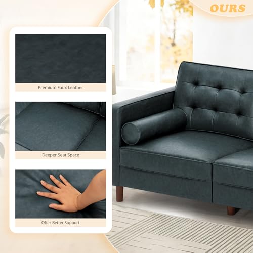Image of 84 Inches Modern Faux Leather 3-Seat Sofa w /2 Bolster Pillows & Tufted Backrest, Mid-Century Couch, Premium 3 Seaters Sofa for Living Room, Bedroom, Office, Blue