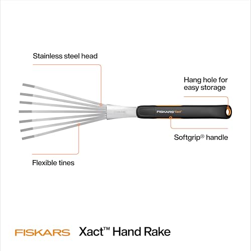 Fiskars Xact Hand Rake, Heavy Duty Gardening Hand Tool with Ergonomic Handle and Hanging Hole for Storage, Stainless Steel Head and Tines, Perfect for Maintaining a Raised Garden Bed