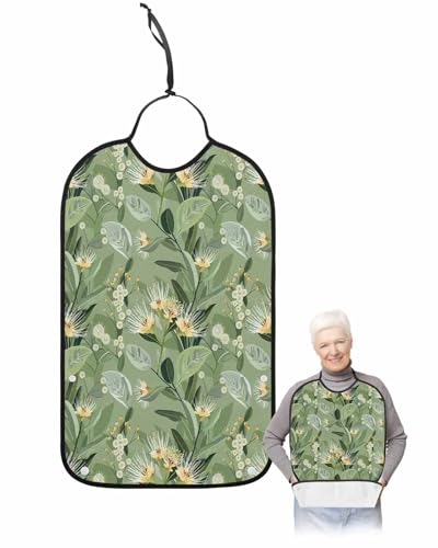 LEOKOTI Green Summer Botanical Adult Bibs for Eating, Waterproof Bibs with Food Catcher & Adjustable Snap Closure, Yellow Spring Floral Washable Clothing Protectors Adult Bibs for Elderly Women/Men