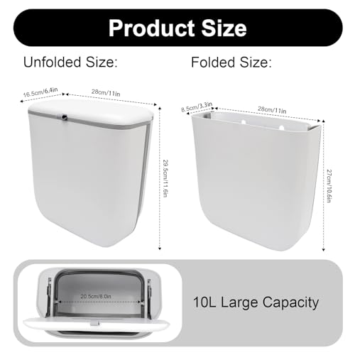 Tefola Hanging Kitchen Bin with Lid, 9L Foldable Food Waste Caddy, Small Recycling Bin, Under Sink Plastic Garbage with Wall Mount for Under Sink, Cupboard Door, Cabinet, Motorhome, Kitchen, Bathroom - Image 3
