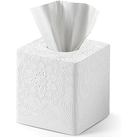 Square Tissue Box Cover Decorative,Napkin Dispenser,Facial Paper Holder for Bathroom Vanity Countertop,Bedroom Dresser,Night Stand, Desk, Office and End Table,Boho Flowers White Cover