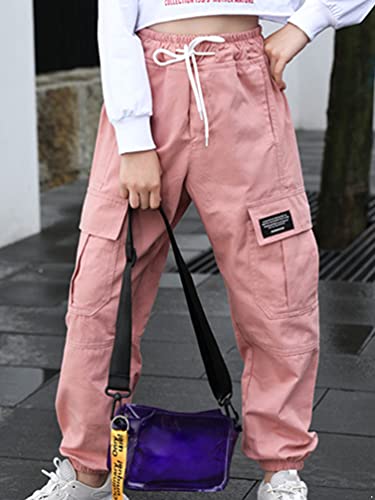 Yizyif Kids Girls Cargo Jogger Pants Loose Street Hip Hop Dance Pants Summer Casual Trousers With Pockets Sweatpants Pink 14 Years #TOP2