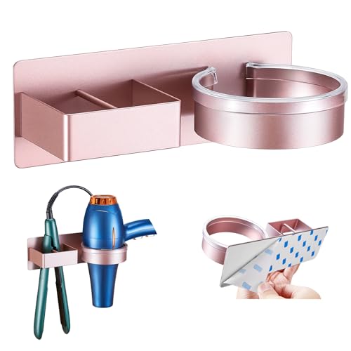 YYBO Hairdryer and Straightener Holder, Hair Dryer Holders Hair Straighteners Holder Wall Mount, Hairdryer Holders Station, Bathroom Hair Tools Organiser Adhesive Hair Dryer Stand (Rose Gold)